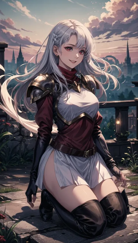 cute art,long white hair,long silver hair,knee length skirt,
professional art of a cute girl, girl leaning on a railing outdoor,
pkuniform, armor, red maxi dress, thigh red boots
ruby eyes,red eyes,
bloodmagic, fantasy, necklace with bloodmagic ruby,
