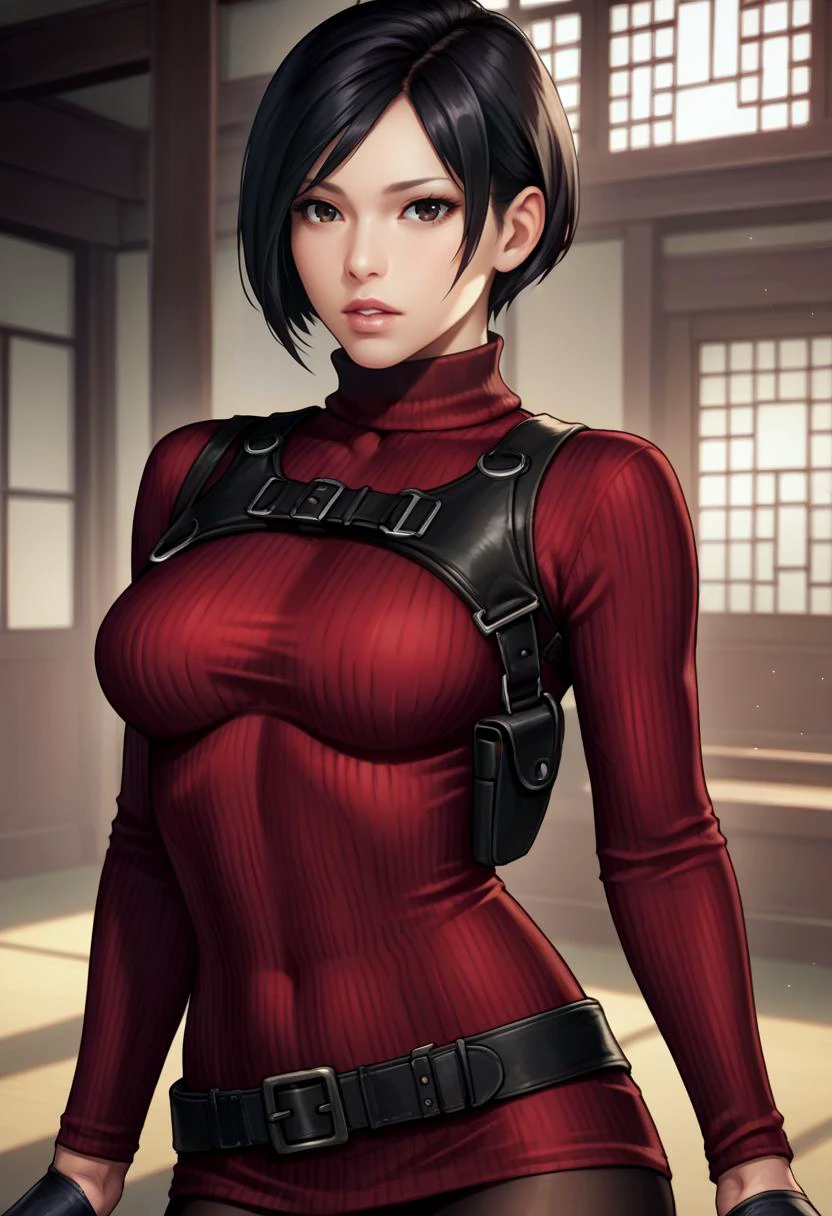 score_9, score_8_up, score_7_up, source_anime, realistic  BREAK 1girl, solo, adasweater, black hair, short hair, black eyes, red sweater, turtleneck, harness, pantyhose, black gloves, belt, parted lips, looking at viewer, lips, east asian architecture, indoors, ribbed sweater