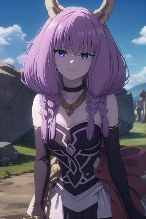 a woman with long purple hair and horns standing in front of a rock