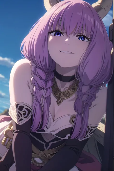 a woman with long purple hair and horns is sitting on a bench