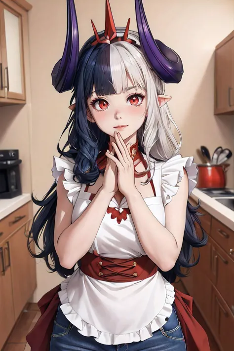 anime girl with horns and a white shirt posing in a kitchen