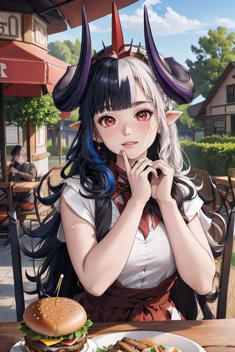 anime girl with horns and horns on her head sitting at a table with a hamburger