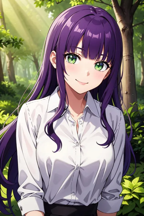 (masterpiece), best quality, expressive eyes, perfect face, solo,
long hair, wavy hair, purple hair, blunt bangs, green eyes, me...