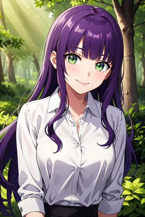 (masterpiece), best quality, expressive eyes, perfect face, solo,
long hair, wavy hair, purple hair, blunt bangs, green eyes, medium breasts, white shirt, collared shirt, smile, head tilt,
forest, looking at viewer,