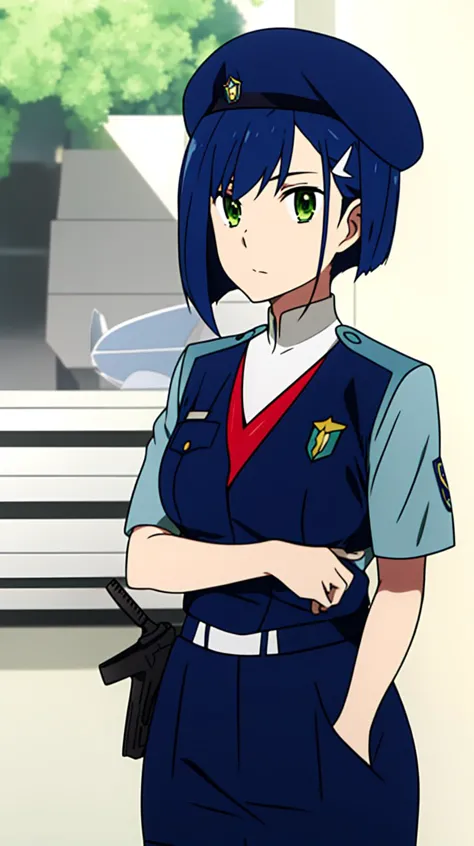 masterpiece,
 <lora:IchigoV1:0.7> ICHIGO, GREEN EYES, BLUE HAIR, SHORT HAIR, HAIR ORNAMENT, HAIRCLIP, BANGS,
1girl,
(police uniform, policewoman:1.2), blue pants, (beret, ),cap,