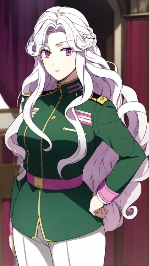 masterpiece, best quality
 <lora:Abigail-002-000007:0.7> abigail,  long hair, solo, looking at viewer, purple eyes, very long hair, white hair, pink eyes, curly hair
"adult woman", (25 years old, 25y.o.),
(vivid colors)
(green military uniform:1.2),pants,