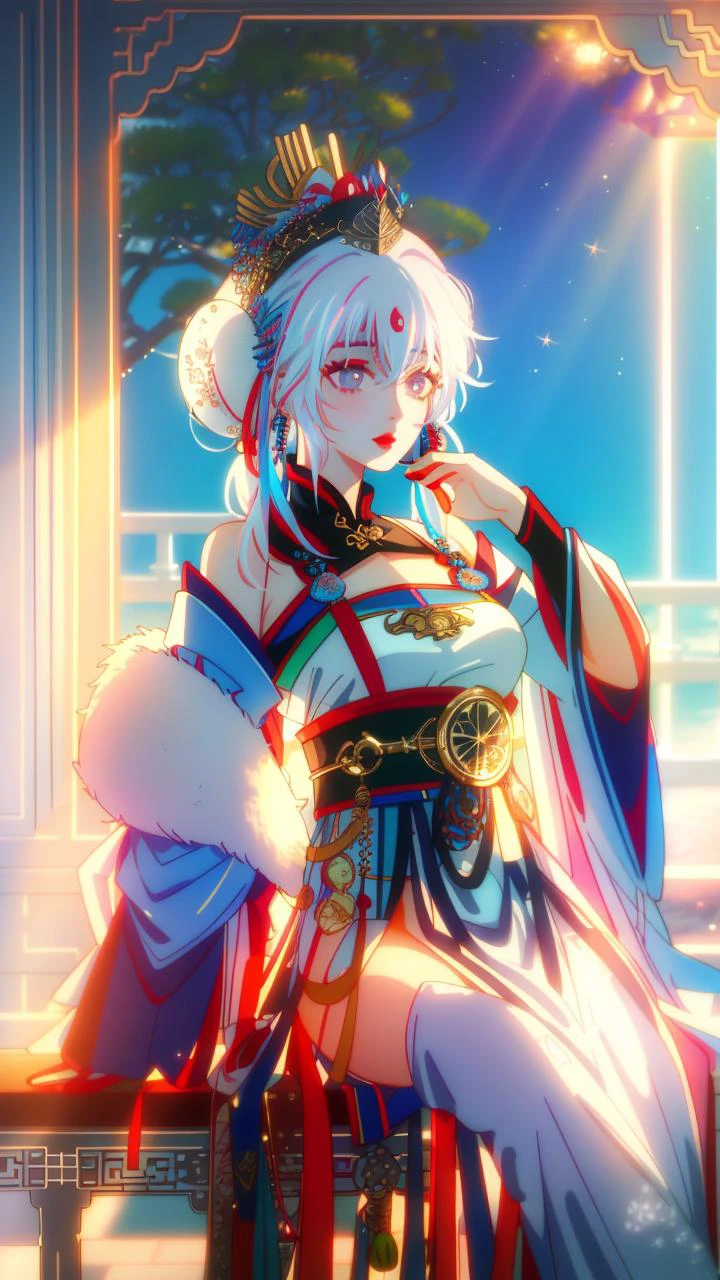 masterpiece, best quality,
vivid colors,
1girl, (solo)
(24 years old, 24y.o, adult)
glowing hair, white hair, sparkling hair,
light blue eyes
hat
skimpy clothes
looking to the side
"  "  
HANFU, RED LIPS, LIGHT RAYS, EAST ASIAN ARCHITECTURE
