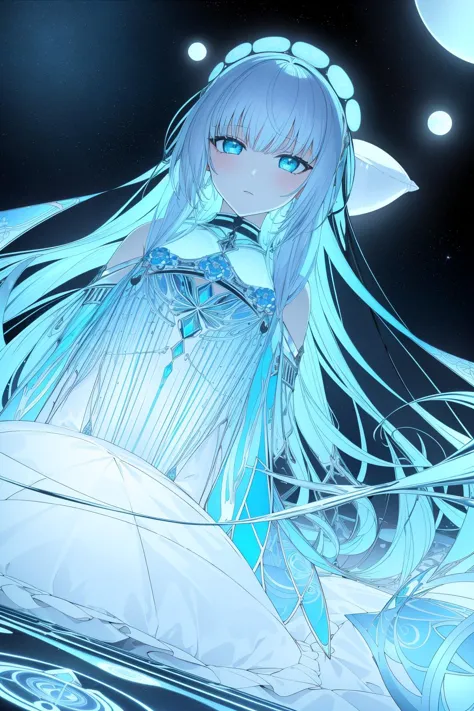 anime girl with long white hair and blue eyes sitting on a bed