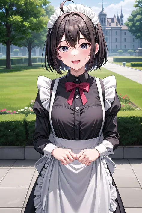 anime girl in maid outfit standing in front of a castle