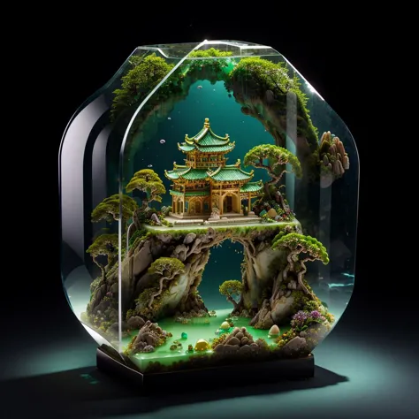 photorealistic,realive,miniature,bonsai in glass box,independent building,grass,nature,no humans,(underwater:1.3),fantasy,goldfi...