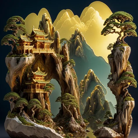 photorealistic,3d render,realive,miniature,bonsai in box,golden independent building,grass,nature, golden,gold trim,circular rin...