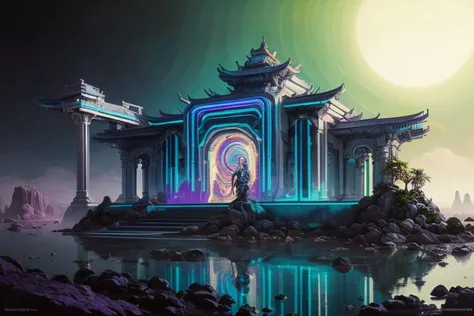 a cybernetic temple, vaporwave aesthetic, colorful, psychedelic, digital painting, artstation, concept art, smooth, sharp focus,...