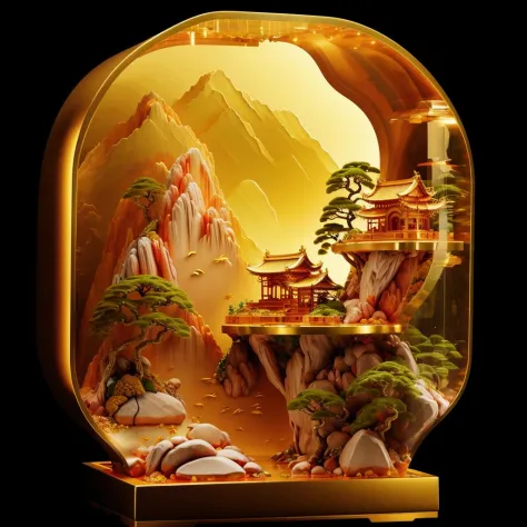 photorealistic,realive,miniature,bonsai in box,golden independent building,grass,nature,no humans,(underwater:1.3),fantasy,goldf...