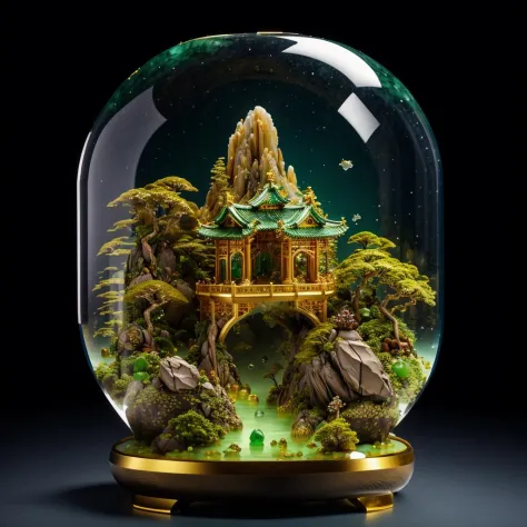 photorealistic,realive,miniature,bonsai in glass box,independent building,grass,nature,no humans,(underwater:1.3),fantasy,goldfi...