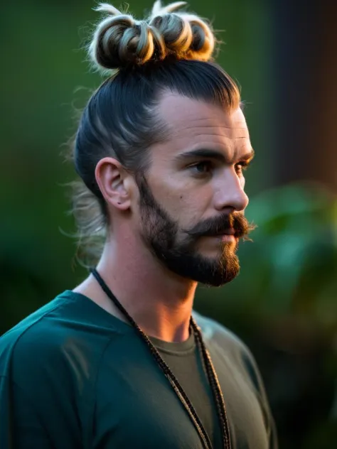 F/8, F/14, Unusual Male Landscape architect, Feral Man bun hairstyle, moody lighting, Canon EF, Vivid Colors