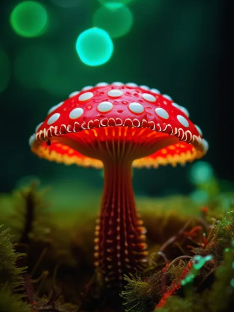 (art by Victor Brauner:0.9) , Mesmerizing 1 mushroom fly agaric, Wretched fluorescent patterns, stylized, background is [Sofia|Tunnel], Bokeh, Shameful, Mushroomcore, 35mm, Vivid hue