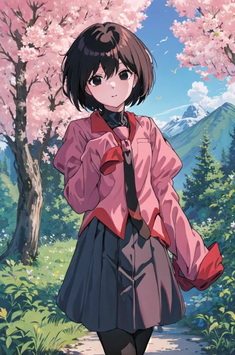 a woman in a pink shirt and black skirt standing in front of a tree