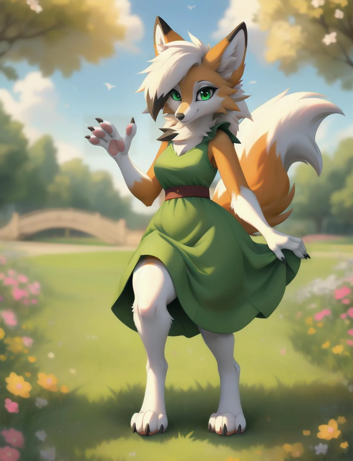 狼人, 一個可愛的綠眼睛的狐狸女孩, 穿著可愛的綠色連身裙, 在公园, 爪子, 4個腳趾, 爪子, 數位級, 手, 5個手指, 尾巴, 看著觀眾, 大腿粗, 小乳房, 