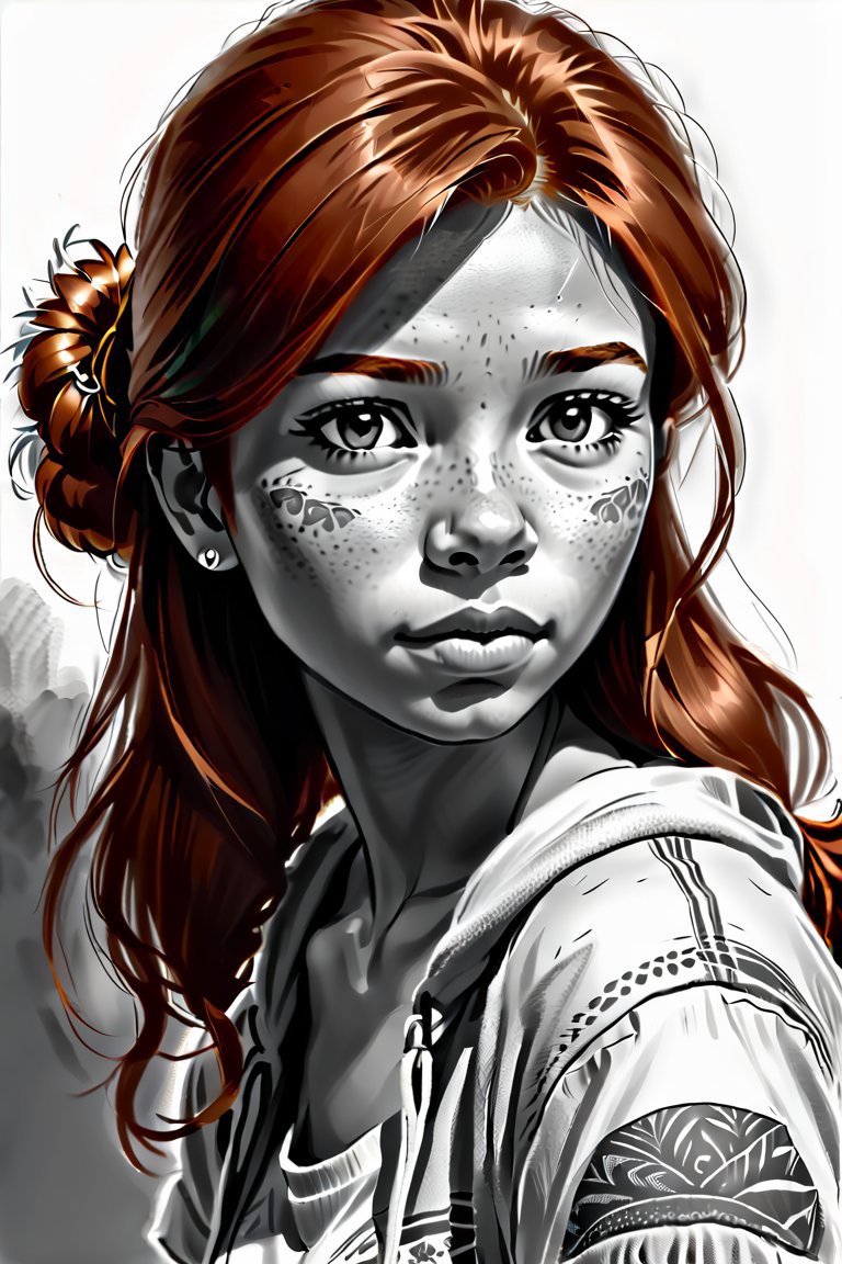 A drawing of a girl with freckles and a tattoo on her face - SeaArt AI