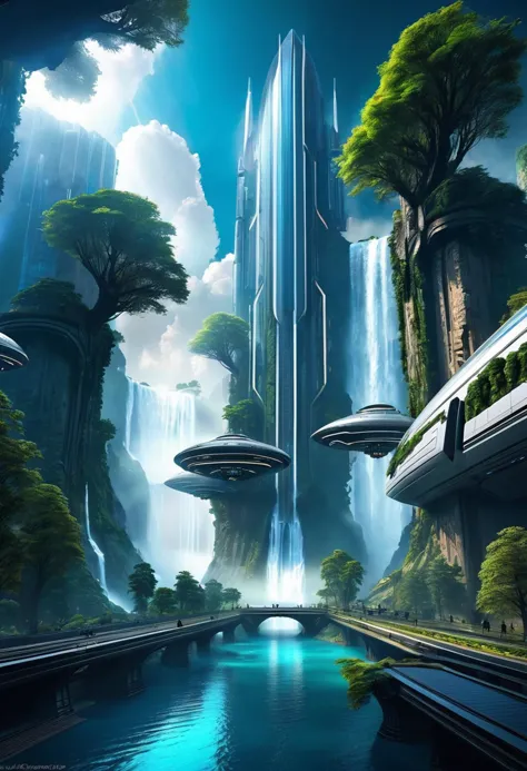 ((ziov)) ziov++ scifi city scene, futuristic buildings, robot giants, trees, spaceships, waterfalls, fantasy art, cinematic, dra...