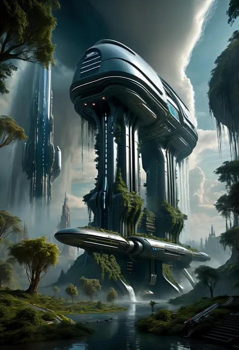 ((ziov)) scifi sky city scene, futuristic buildings, robot giant, trees, forests, spaceships, waterfalls, cloudy skies dark, fan...