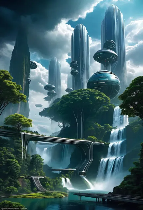 ((ziov)) ziov++ scifi city scene, futuristic buildings, robot giant, trees, spaceships, waterfalls, cloudy skies dark, fantasy a...