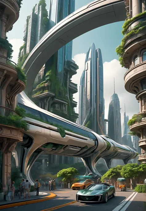 Breathtaking shot monolithic structure, futuristic, scifi, highly detailed, photorealistic, dynamic angle, intricate detail, hyper-realistic, bustling city, lush greenery, futuristic transportation, cityscape, city center, futuristic cars utopia, antique buildings mixed with scifi buildings