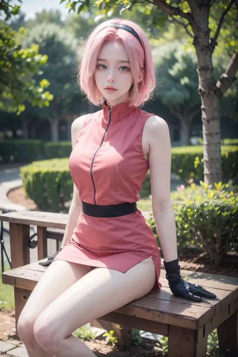 a close up of a person sitting on a bench with a pink hair