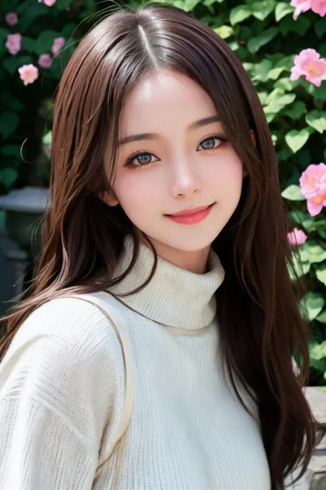 masterpiece,DSLR photo,analog style,nikon d5,real photo,a photo of a beautiful 20 year old woman,dramatic lighting (85mm),with Blooming garden in the background,(detailed facial features),(detailed shiny eyes),dynamic angle,Michelangelo style,long hair,turtleneck sweater,smiling face:1.4,