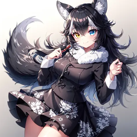 (masterpiece, best quality, high resolution, distinct image), cinematic lights, 1girl, grey wolf \(kemono friends\), heterochromia, wolf ears, blue eye on left eye, long hair, multicolored hair, black hair, wolf tail, yellow eye on right eye, looking at viewer, (long coat:1.2), floral print, hanbok, korean clothes, 