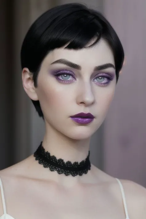 A close up of a beautiful woman with short black hair and glossy lilac lipstick, pale skin, beautiful eyes, big eyes, long eyelash, detailed eyrbrow, in a digital art style, with pale skin, beautiful eyes, high detail, high resolution, photorealistic,