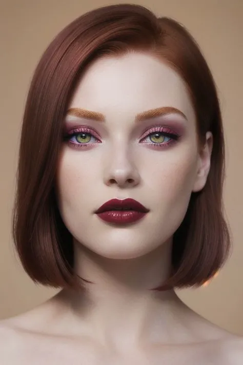 a woman with red hair and purple eyes with a red lip