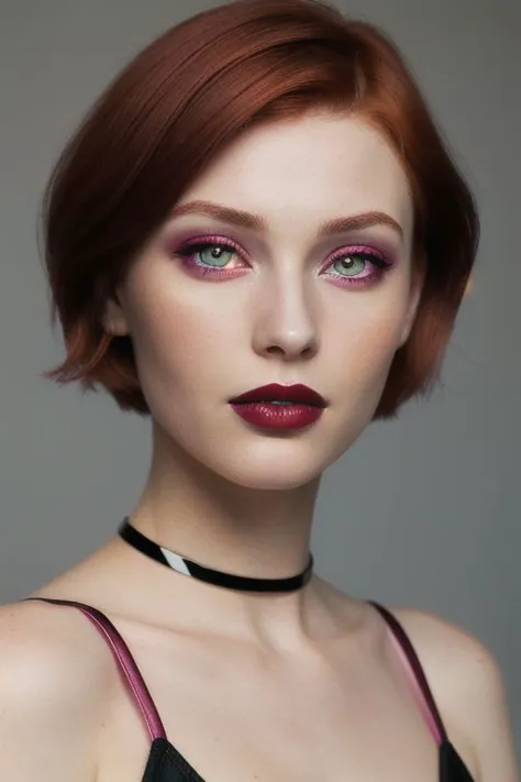 A close up of a beautiful woman with bobbed-cut brown red hair and glossy magenta lipstick, in a digital art style, with pale skin, beautiful eyes, high detail, high resolution, photorealistic,