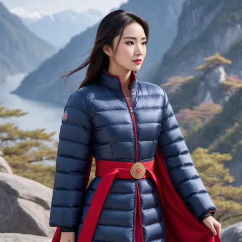 a woman in a blue jacket and red belt standing on a rock