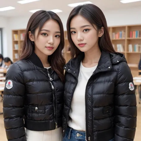 two women in jackets standing next to each other in a room