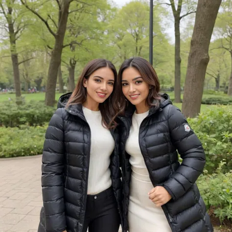 two women in black jackets standing next to each other