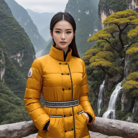 arafed woman in a yellow jacket standing in front of a waterfall