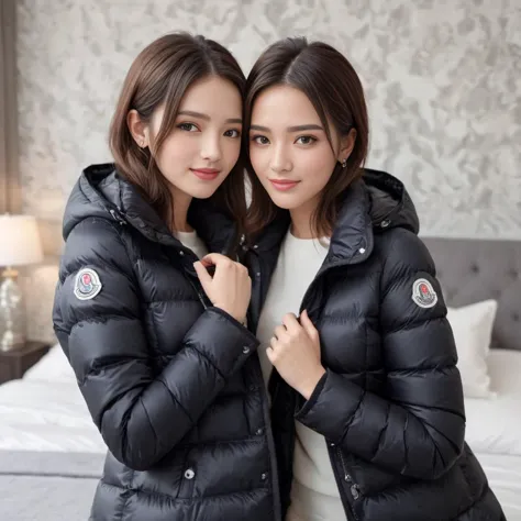 two women in black jackets posing for a picture in a bedroom