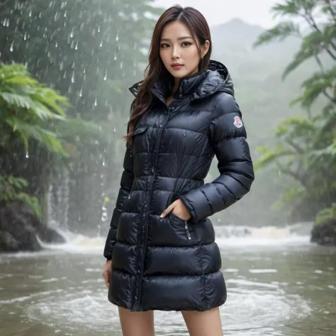 a woman in a black jacket standing in a river