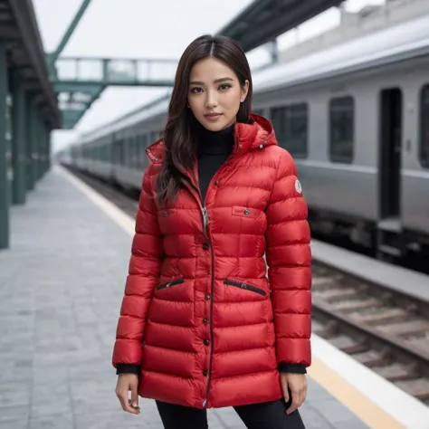 woman in red jacket standing on platform next to train