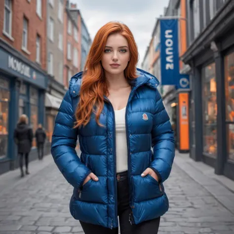 a woman in a blue jacket standing on a street