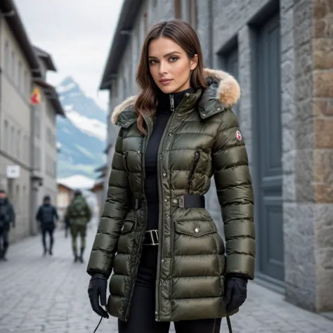 a woman in a green jacket and black pants is walking down a street