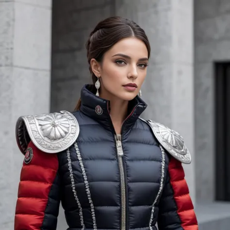 a woman in a black and red jacket and a red jacket