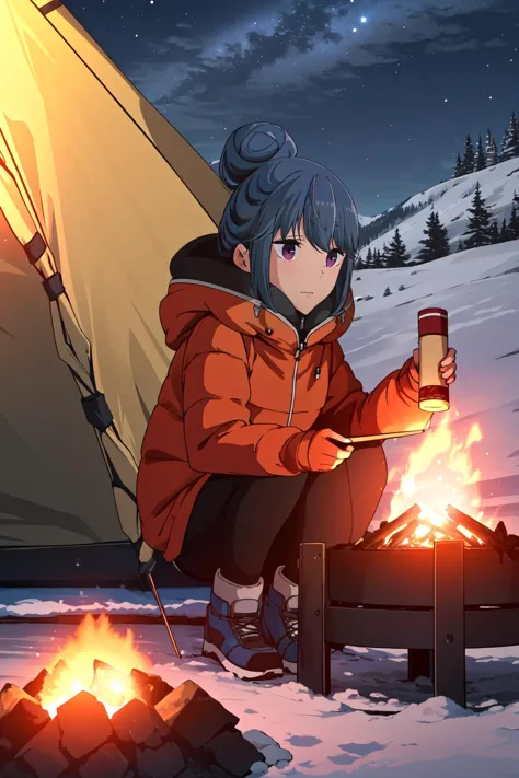 anime girl sitting by a campfire with a cup of coffee