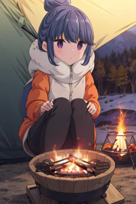 masterpiece, best quality,   ,<lora:GoodHands-vanilla:0.8> <lora:anmnr01:0.3> <lora:add_detail:0.5>,1girl,cinematic angle, <lora:rin-yurucamp:0.7>,rin shima,mountain view,camping,campfire,winter cloth,Tent for the camping,persimmons dried on skewers,lantan