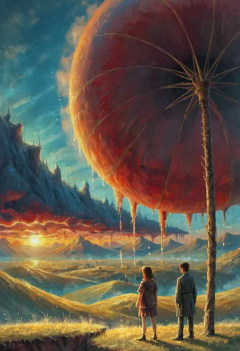 by Magali Villeneuve 
 , painting, In a surreal landscape, the iconic silhouettes of Peacock and Palm Tree stand tall against a backdrop of lush palm trees. The sun is setting, casting an orange glow over the peaceful scene. Seagulls cry in the distance as the waves gently lap against each other. Illustration, Steampunk Art, Neon Light, Warm Colors, oil painting style, dark evening, impressionism, expressionism, bold brushstrokes, painting, landscape of a, located artistic, dynamic, excellent composition, magic atmosphere, surreal, atmosphere