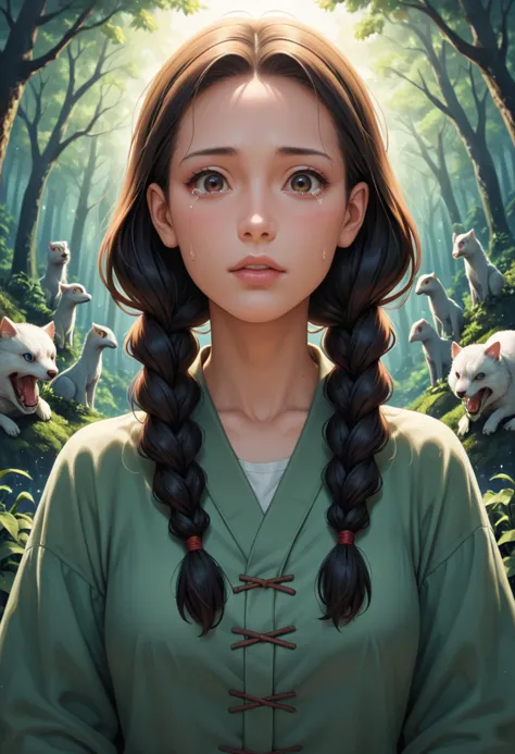 a girl with long hair and braids stands in front of a forest