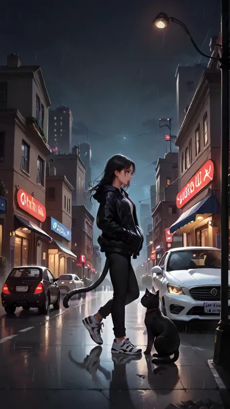concept art, dark theme, low light, ((score_9), score_8_up, score_7_up), score_6_up, score_4_up, score_5_up, 1girl, car, motor vehicle, ground vehicle, cat, night, road, street, black hair, shoes, sneakers, long hair, animal, outdoors, city, crosswalk, walking, lamppost, holding, holding animal, white footwear, solo, building, pants, holding cat, black cat, from side, standing, long sleeves, profile, jacket, full body, rain, clock, city lights, sketch, cityscape, closed mouth, light, hands in pockets, 
