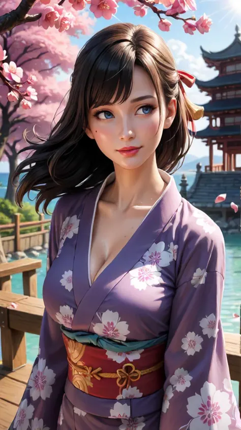 (score_9, score_8_up), score_7_up, zPDXL2, zPDXLxxx, (oiled skin, intricate details, action-packed, hyperdetailed masterpiece, concept art), 1girl, breasts, solo, japanese clothes, hair ornament, long hair, kimono, looking at viewer, blonde hair, cleavage, flower, bare shoulders, cherry blossoms, hair flower, petals, water, off shoulder, floral print, lips, outdoors, sash, from side, smile, earrings, blurry, large breasts, purple eyes, jewelry, obi, upper body, wind, floating hair, mole, collarbone, mole under eye, day, red lips, parted lips, eyelashes, branch, blue eyes, blurry background, depth of field, pink flower, closed mouth, looking to the side, pink lips, ribbon, print kimono, medium breasts, purple kimono, nose, makeup, light smile, hair ribbon, bridge, sunlight, standing, bangs, tassel, lipstick, blush, from above, east asian architecture, falling petals,