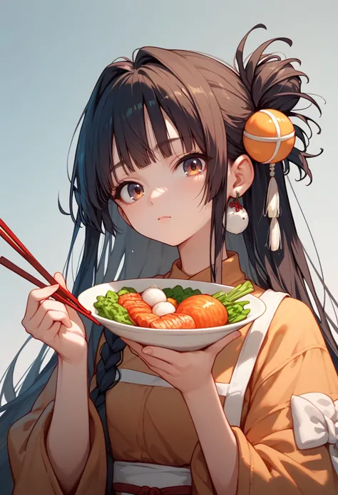 anime girl holding a plate of food with chopsticks and a ball